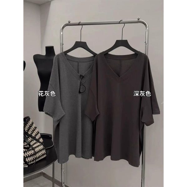 Summer V-neck Short-sleeved T-shirt for Women, Korean Version Loose Large Size Mid-length Pure Cotton Top - Image 6