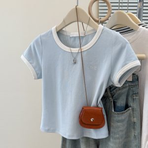 Style Short Sleeve T-Shirt for Women, Slim Fit Korean Version Embroidered Crop Top