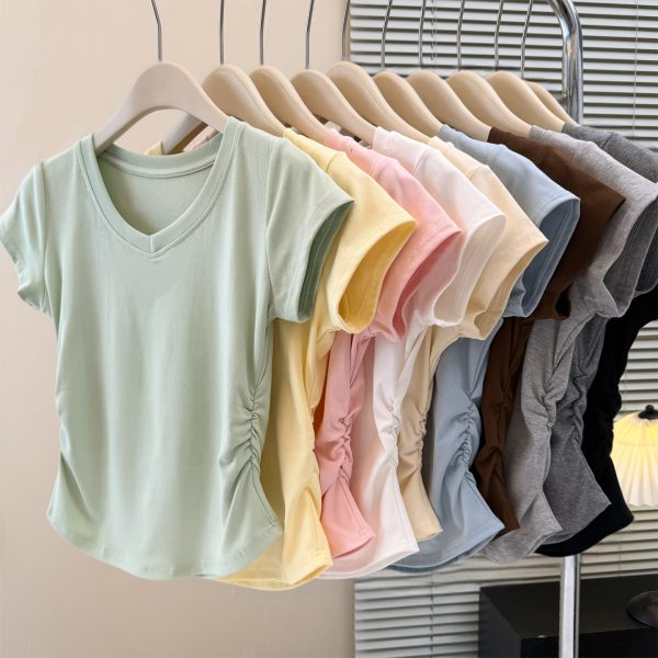 Solid Color V-Neck Regular Shoulder Short Sleeve T-Shirt for Women Korean Style Fitted Base Layer Short Top Blouse - Image 5