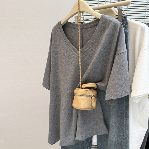 Solid Color V-Neck Short Sleeve T-Shirt for Women, Loose Korean Style Plus Size Simple Base Layer Cotton Top - Image 3