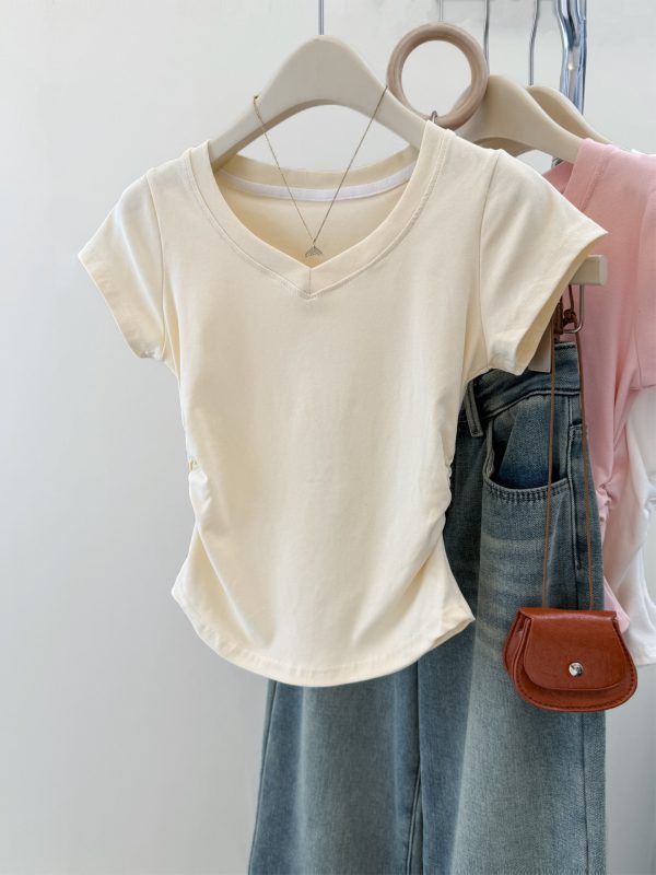 Solid Color V-Neck Regular Shoulder Short Sleeve T-Shirt for Women Korean Style Fitted Base Layer Short Top Blouse - Image 12