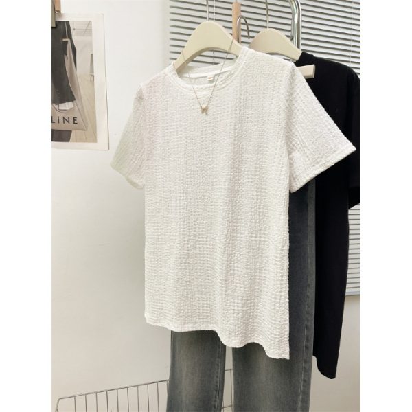 Style Real Shot Wrinkled Texture Short Sleeve T-Shirt Women Loose Base Layer Solid Color Round Neck Half Sleeve - Image 8