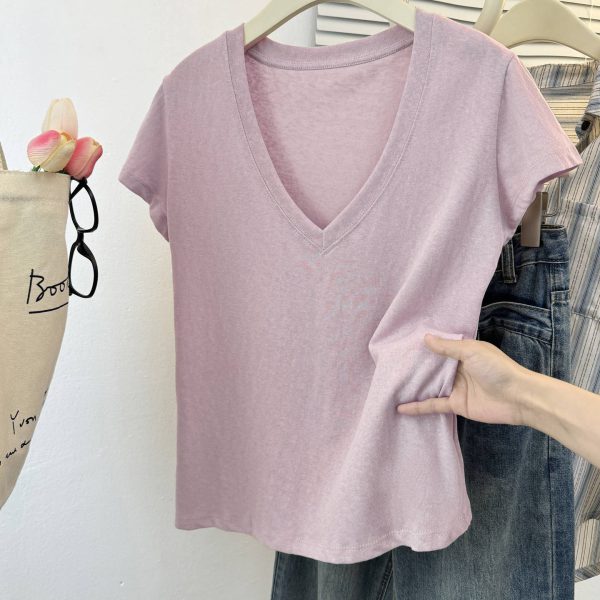 Style V-Neck Thin Short-Sleeve T-Shirt for Women Loose Lazy Style Snowflake Cotton Half Sleeve - Image 4