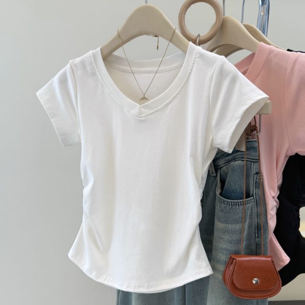 Solid Color V-Neck Regular Shoulder Short Sleeve T-Shirt for Women Korean Style Fitted Base Layer Short Top Blouse - Image 4