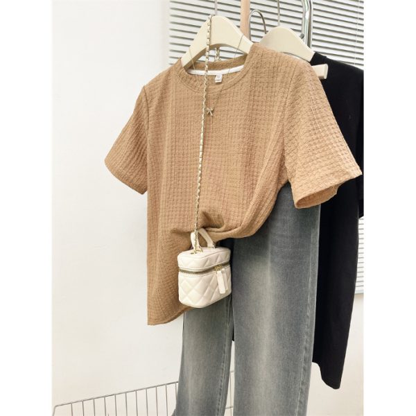Style Real Shot Wrinkled Texture Short Sleeve T-Shirt Women Loose Base Layer Solid Color Round Neck Half Sleeve - Image 7
