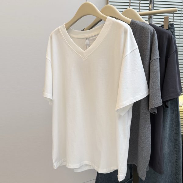 Solid Color V-Neck Short Sleeve T-Shirt for Women, Loose Korean Style Plus Size Simple Base Layer Cotton Top - Image 4