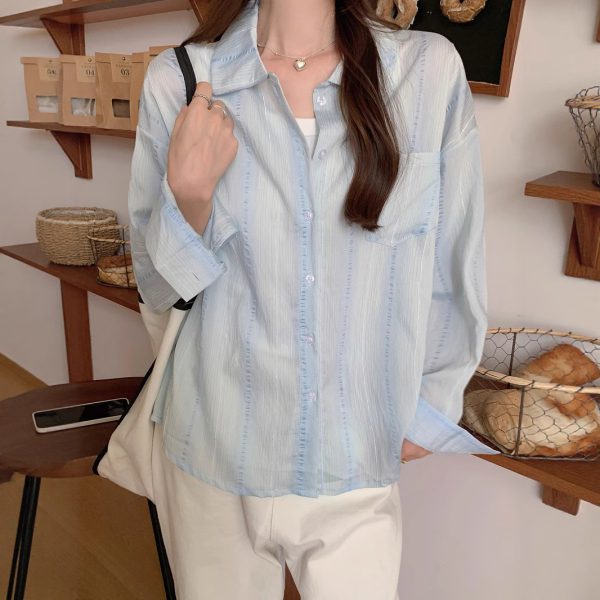 Style Blue Long Sleeve Shirt Jacket for Women Spring and Autumn Striped Blouse Outerwear Sunscreen Cardigan - Image 2