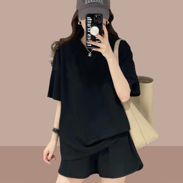 Women's Sports Suit Set Plus Size Casual Fashion Solid Color Two-Piece Short Sleeve Shorts - Image 3