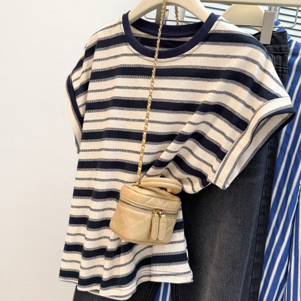 Style Real Shot Color Block Stripe Round Neck Flutter Sleeve T-Shirt Women Loose Korean Version Versatile Regular Shoulder Short Sleeve - Image 2