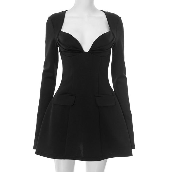 Deep V-Neck Long Sleeve A-Line Dress for Women