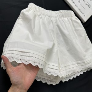 White Lined Shorts for Women Summer Wear Loose High Waist Lace Trim Athletic Beach Hot Pants