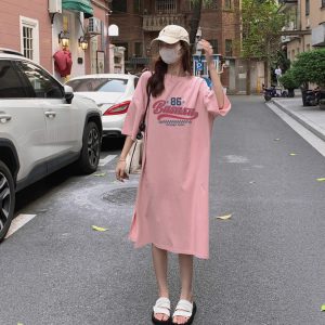 Summer Fashion Short Sleeve Loose Long Dress Over-the-Knee Plus Size Dress