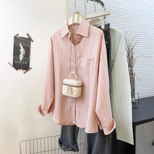 Style Striped Thin Shirt Women Summer Jacket Pure Color Loose Top - Image 2