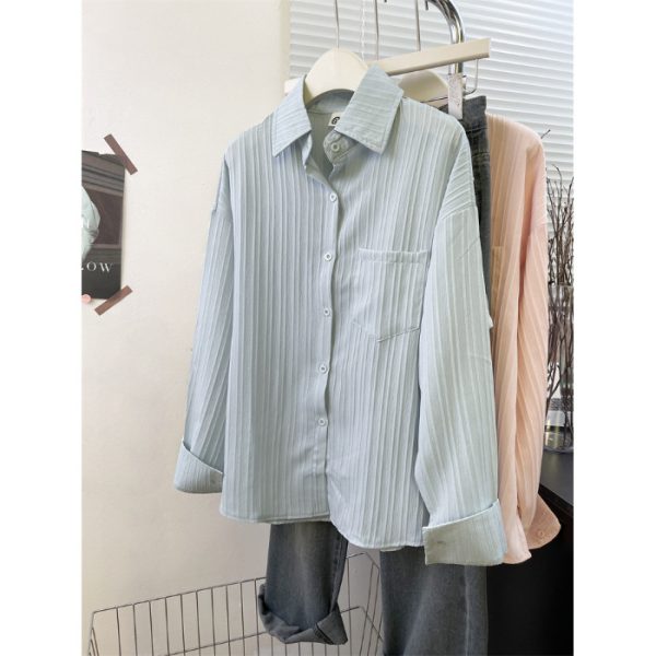 Style Striped Thin Shirt Women Summer Jacket Pure Color Loose Top - Image 6