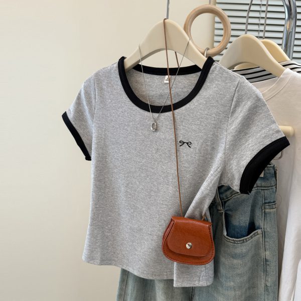 Style Short Sleeve T-Shirt for Women, Slim Fit Korean Version Embroidered Crop Top - Image 4