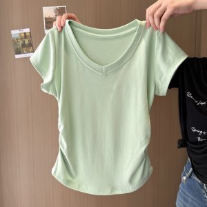 Solid Color V-Neck Regular Shoulder Short Sleeve T-Shirt for Women Korean Style Fitted Base Layer Short Top Blouse
