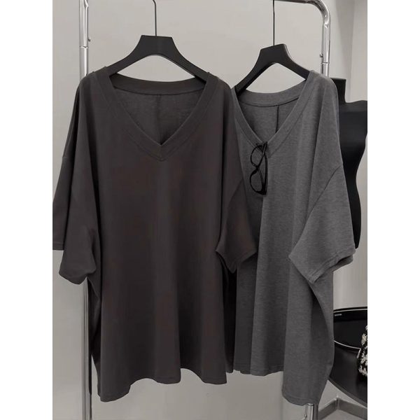 Summer V-neck Short-sleeved T-shirt for Women, Korean Version Loose Large Size Mid-length Pure Cotton Top - Image 4