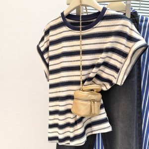 Style Real Shot Color Block Stripe Round Neck Flutter Sleeve T-Shirt Women Loose Korean Version Versatile Regular Shoulder Short Sleeve