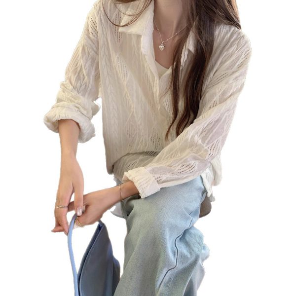 Thin Coat with Hollow Crochet Design for Women - Loose Fit Blouse - Image 5