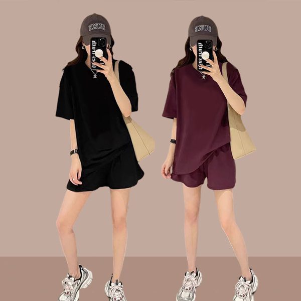 Women's Sports Suit Set Plus Size Casual Fashion Solid Color Two-Piece Short Sleeve Shorts - Image 5