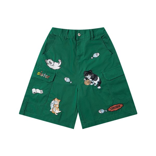 Style Embroidered Cat Summer Casual Shorts for Men and Women, Loose Fit Five-Quarter Pants - Image 2
