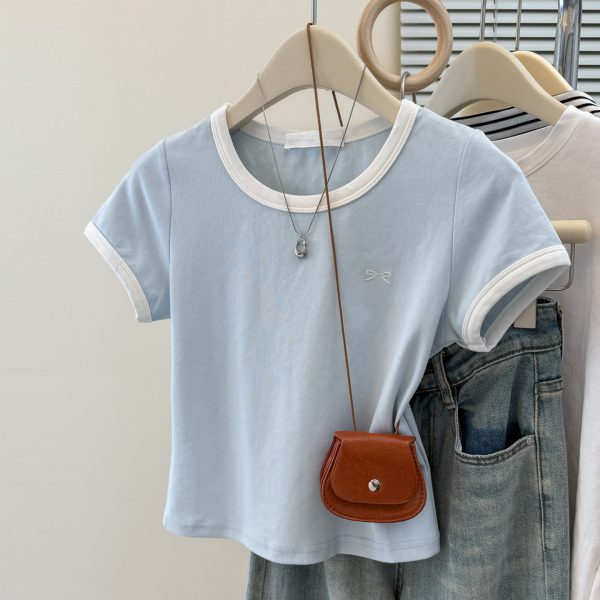 Style Short Sleeve T-Shirt for Women, Slim Fit Korean Version Embroidered Crop Top - Image 6