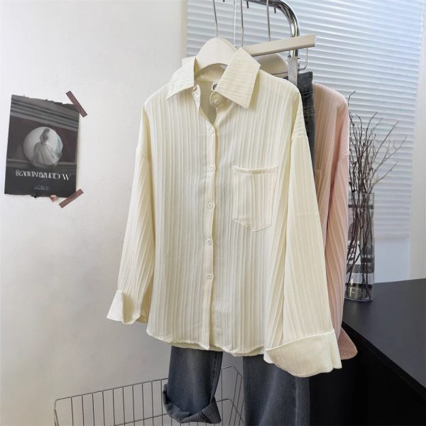 Style Striped Thin Shirt Women Summer Jacket Pure Color Loose Top - Image 4