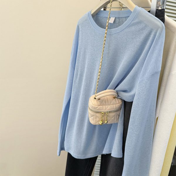 Thin Solid Color Long Sleeve Sunscreen Shirt for Women, Loose Fit Top T-Shirt for Summer Wear as Outer or Inner Layer, Air Conditioning Cover-Up - Image 2
