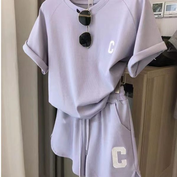 Casual Sports Set Women's Summer Thin Running Fashion Short Sleeve Shorts Two-Piece Milk Silk