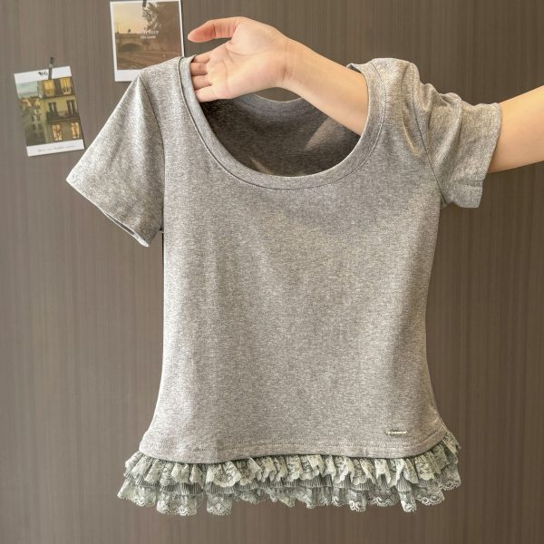 Cotton Short-Sleeve T-Shirt for Women, Summer Fitted Korean Style with Lace Hem and U-Neckline