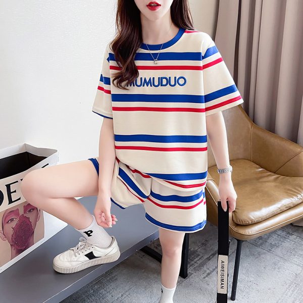 Style Cotton Top + Casual Pants Set for Women Summer Striped Embroidered Floral Round Neck Sportswear Plus Size