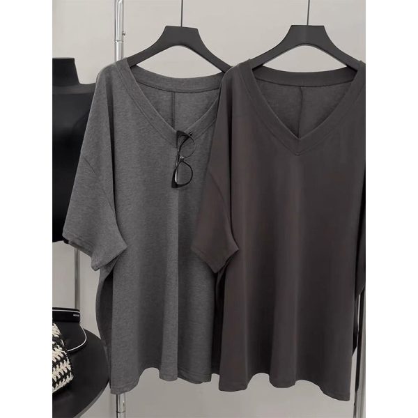 Summer V-neck Short-sleeved T-shirt for Women, Korean Version Loose Large Size Mid-length Pure Cotton Top - Image 2